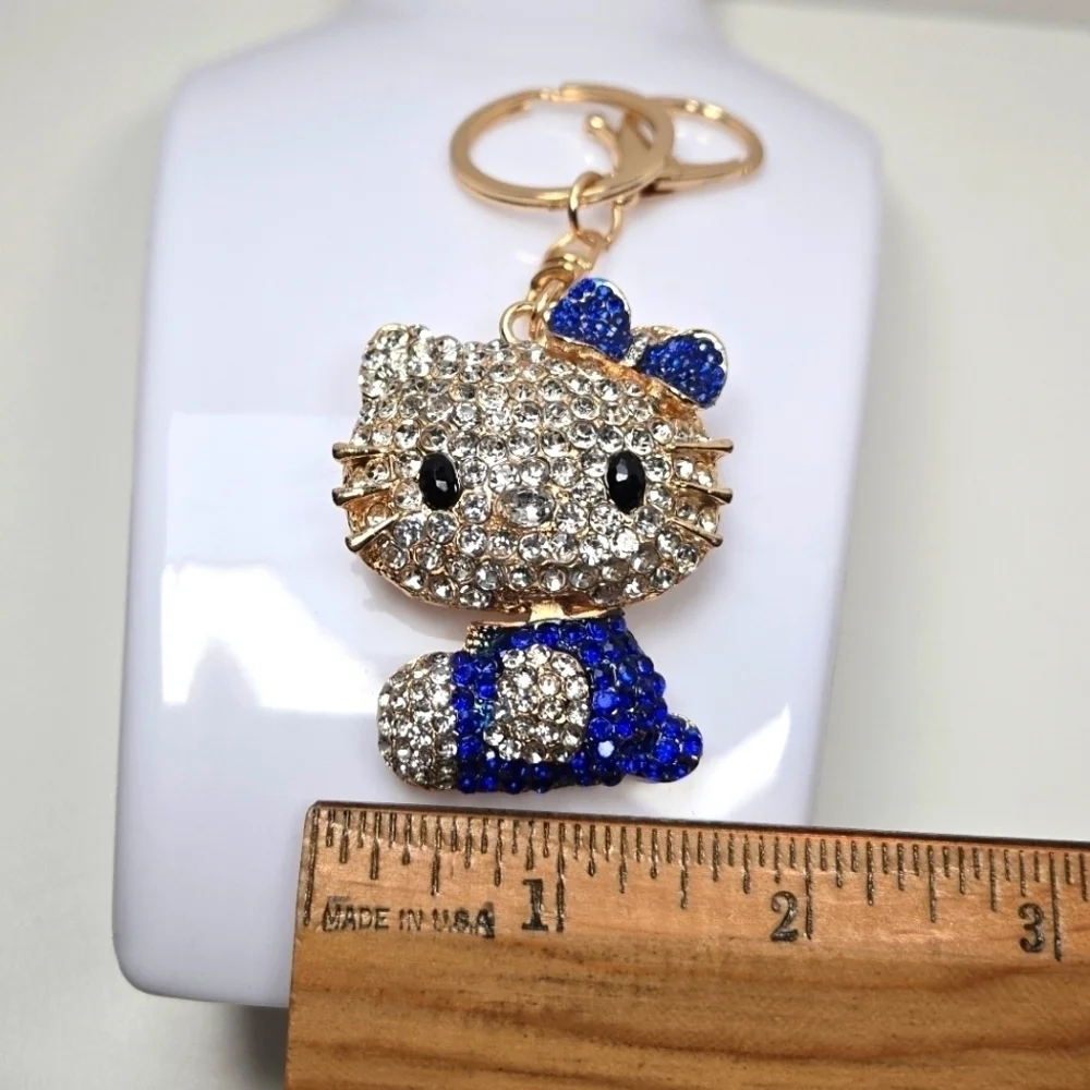 Hello Kitty Rhinestone Keychain Sapphire Blue and Gold Tone